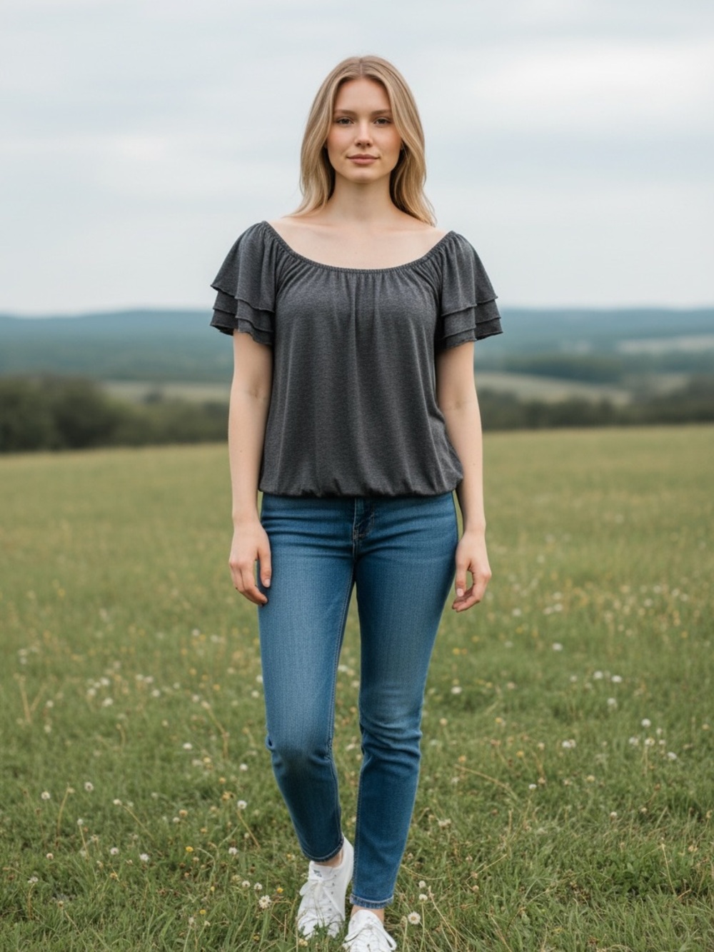 Claudia Richard Charcoal Gray Ruffled Sleeve Blouse